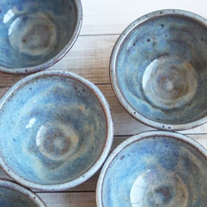 Image of Three Small Rustic Blue Ceramic Pottery Bowls, Kitchen Prep Handcrafted Made in USA