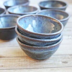 Image of Three Small Rustic Blue Ceramic Pottery Bowls, Kitchen Prep Handcrafted Made in USA