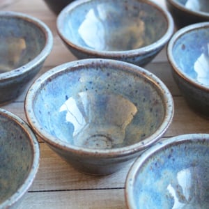 Image of Three Small Rustic Blue Ceramic Pottery Bowls, Kitchen Prep Handcrafted Made in USA