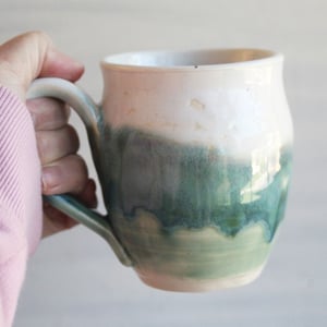 Image of Handmade Coffee Mug in White and Green Glazes Handmade Pottery 14 oz. Made in USA 