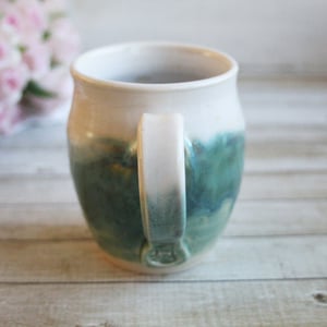 Image of Handmade Coffee Mug in White and Green Glazes Handmade Pottery 14 oz. Made in USA 