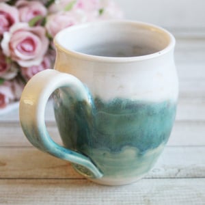 Image of Handmade Coffee Mug in White and Green Glazes Handmade Pottery 14 oz. Made in USA 