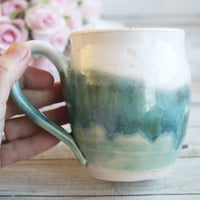 Image 7 of Handmade Coffee Mug in White and Green Glazes Handmade Pottery 14 oz. Made in USA 