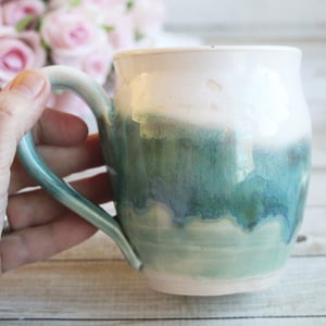 Image of Handmade Coffee Mug in White and Green Glazes Handmade Pottery 14 oz. Made in USA 