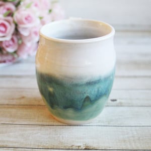 Image of Handmade Coffee Mug in White and Green Glazes Handmade Pottery 14 oz. Made in USA 