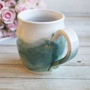 Image of Handmade Coffee Mug in White and Green Glazes Handmade Pottery 14 oz. Made in USA 