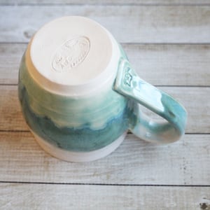 Image of Handmade Coffee Mug in White and Green Glazes Handmade Pottery 14 oz. Made in USA 