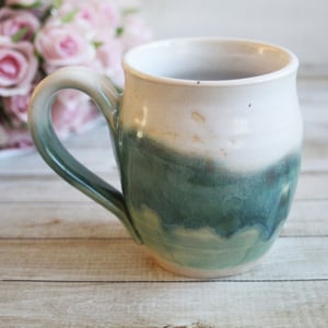 Image of Handmade Coffee Mug in White and Green Glazes Handmade Pottery 14 oz. Made in USA 