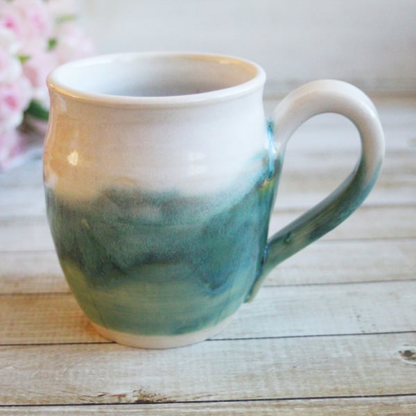 Image of Handmade Coffee Mug in White and Green Glazes Handmade Pottery 14 oz. Made in USA