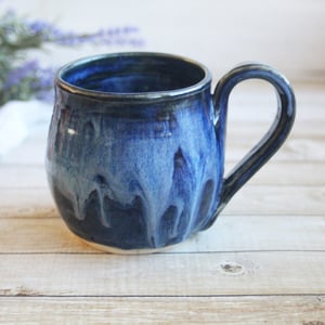 Image of Shades of Blue Mug with Dripping Glazes, 14 Ounce Handcrafted Coffee Cup, Made in USA