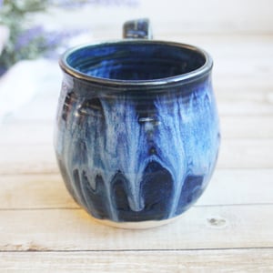 Image of Shades of Blue Mug with Dripping Glazes, 14 Ounce Handcrafted Coffee Cup, Made in USA