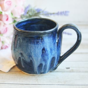 Image of Shades of Blue Mug with Dripping Glazes, 14 Ounce Handcrafted Coffee Cup, Made in USA