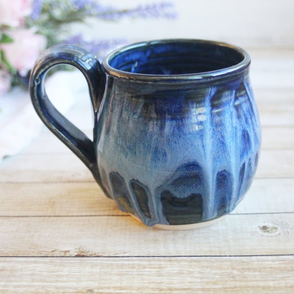 Image of Shades of Blue Mug with Dripping Glazes, 14 Ounce Handcrafted Coffee Cup, Made in USA