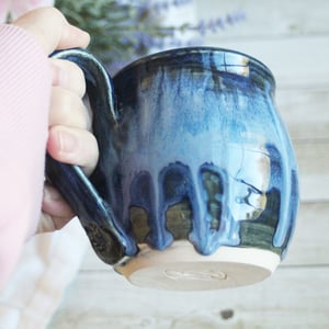 Image of Shades of Blue Mug with Dripping Glazes, 14 Ounce Handcrafted Coffee Cup, Made in USA