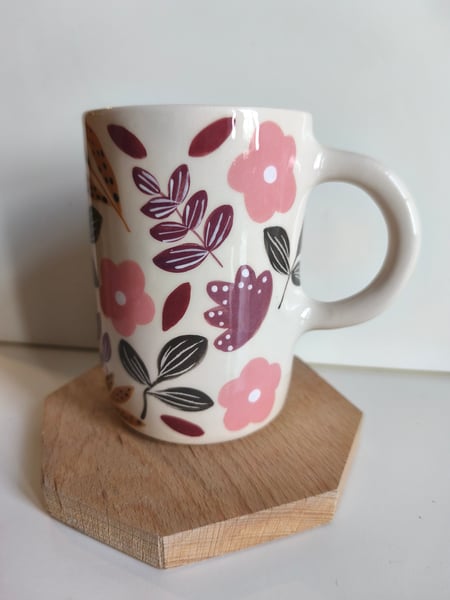 Image of  Grande tasse anse feuillage bordeau rose