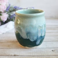 Image 4 of Shades of Green Mug with Dripping Glazes, 14 Ounce Handcrafted Pottery Mug, Made in USA