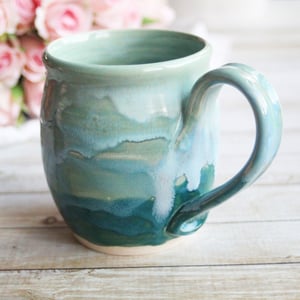 Image of Shades of Green Mug with Dripping Glazes, 14 Ounce Handcrafted Pottery Mug, Made in USA