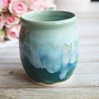 Image 6 of Shades of Green Mug with Dripping Glazes, 14 Ounce Handcrafted Pottery Mug, Made in USA