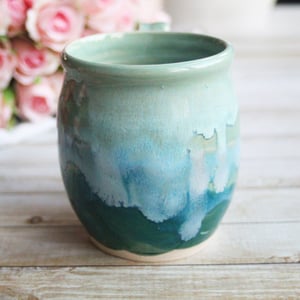 Image of Shades of Green Mug with Dripping Glazes, 14 Ounce Handcrafted Pottery Mug, Made in USA