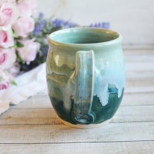Image of Shades of Green Mug with Dripping Glazes, 14 Ounce Handcrafted Pottery Mug, Made in USA