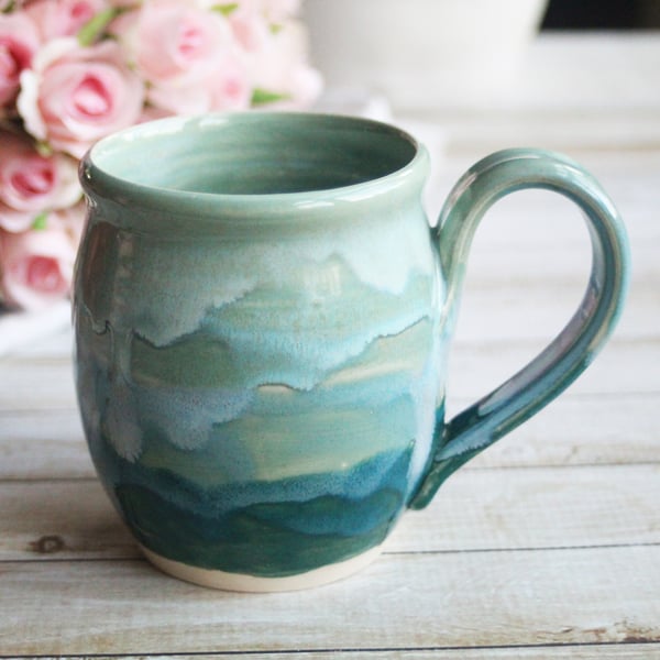 Image of Shades of Green Mug with Dripping Glazes, 14 Ounce Handcrafted Pottery Mug, Made in USA