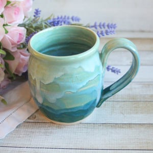 Image of Shades of Green Mug with Dripping Glazes, 14 Ounce Handcrafted Pottery Mug, Made in USA
