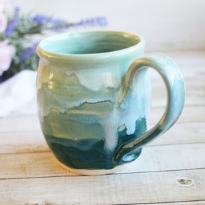 Image of Shades of Green Mug with Dripping Glazes, 14 Ounce Handcrafted Pottery Mug, Made in USA