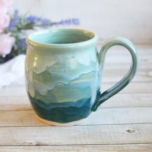 Image of Shades of Green Mug with Dripping Glazes, 14 Ounce Handcrafted Pottery Mug, Made in USA