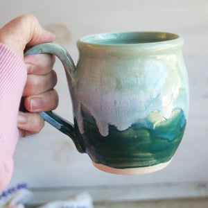 Image of Shades of Green Mug with Dripping Glazes, 14 Ounce Handcrafted Pottery Mug, Made in USA