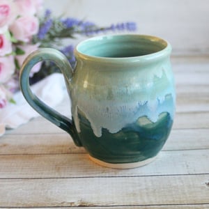 Image of Shades of Green Mug with Dripping Glazes, 14 Ounce Handcrafted Pottery Mug, Made in USA