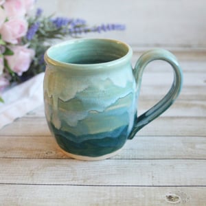 Image of Shades of Green Mug with Dripping Glazes, 14 Ounce Handcrafted Pottery Mug, Made in USA