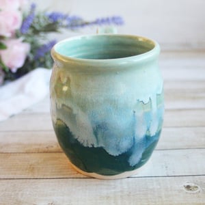 Image of Shades of Green Mug with Dripping Glazes, 14 Ounce Handcrafted Pottery Mug, Made in USA
