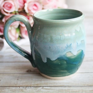Image of Shades of Green Mug with Dripping Glazes, 14 Ounce Handcrafted Pottery Mug, Made in USA