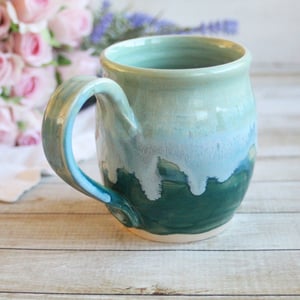 Image of Shades of Green Mug with Dripping Glazes, 14 Ounce Handcrafted Pottery Mug, Made in USA