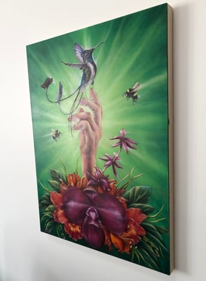Image of "Marvelous Apotheosis" Original Oil Painting on Board by M Vlasic, Hummingbird, Orchids, Hand, Bees