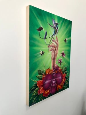 Image of "Marvelous Apotheosis" Original Oil Painting on Board by M Vlasic, Hummingbird, Orchids, Hand, Bees