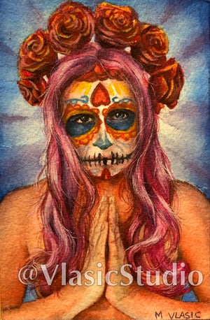 Image of Dia de Muertos Original Watercolor Painting, 4x6" Mini Wall Art Female Figure by Artist M Vlasic