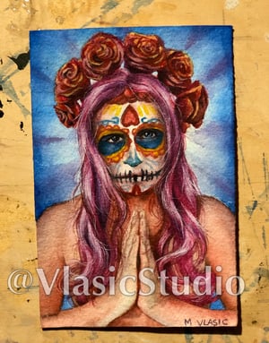 Image of Dia de Muertos Original Watercolor Painting, 4x6" Mini Wall Art Female Figure by Artist M Vlasic