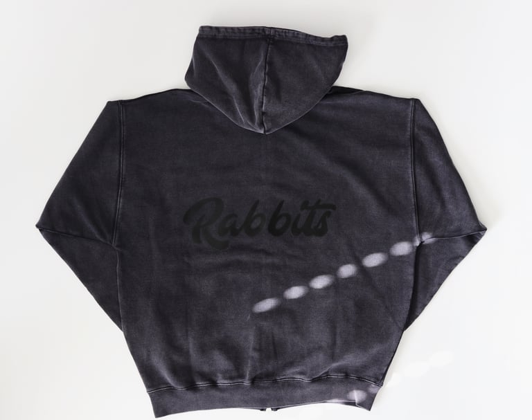 Rabbitman's 'STITCHED RABBITS', Oversized Zip Hoodie, Vintage Black