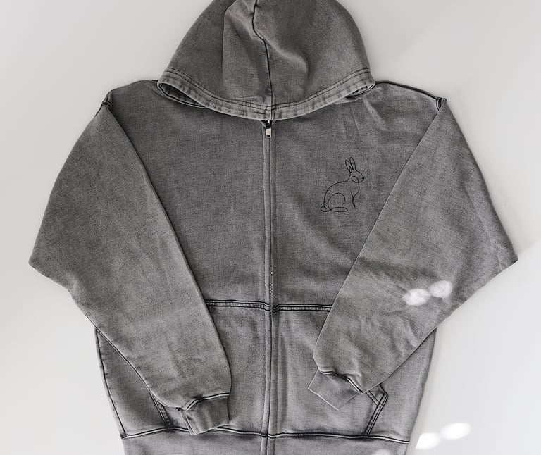 Rabbitman's 'STITCHED RABBITS' Oversized Zip Hoodie, Vintage Grey Image 2