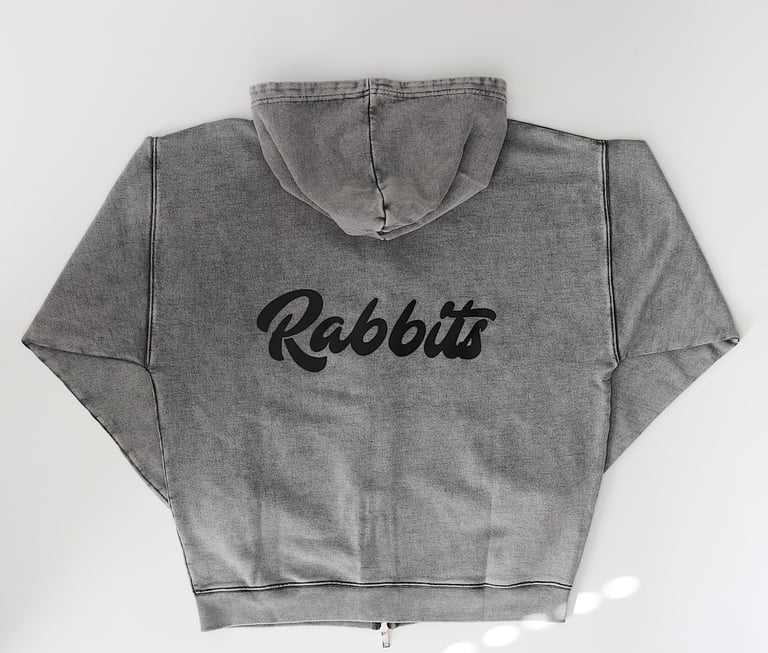 Rabbitman's 'STITCHED RABBITS' Oversized Zip Hoodie, Vintage Grey
