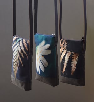 Image of Golden fern frond, crossbody velvet and waxed canvas phone bag