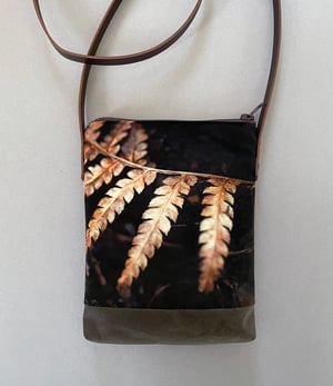 Image of Golden fern frond, crossbody velvet and waxed canvas phone bag