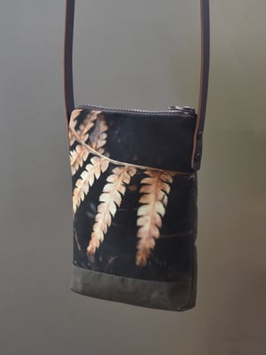 Image of Golden fern frond, crossbody velvet and waxed canvas phone bag