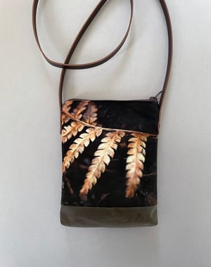 Image of Golden fern frond, crossbody velvet and waxed canvas phone bag