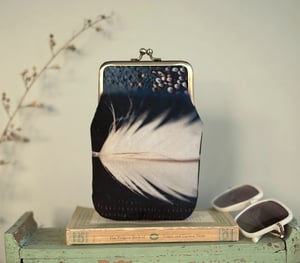 Image of White feather and barnacles, velvet glasses case with kisslock frame