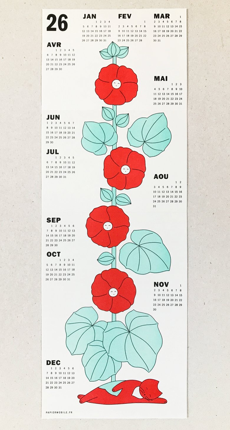 Image of Hollyhock Calendar 2026, riso print 15x42cm
