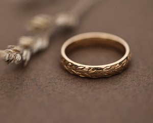 Image of 9ct gold 4mm ‘Olive leaf’ engraved court ring