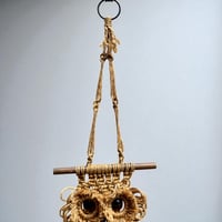 Image 6 of Miroir hibou porte-serviette 60/70 macramé corde & bois  vintage bohème chic