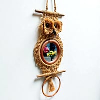 Image 2 of Miroir hibou porte-serviette 60/70 macramé corde & bois  vintage bohème chic